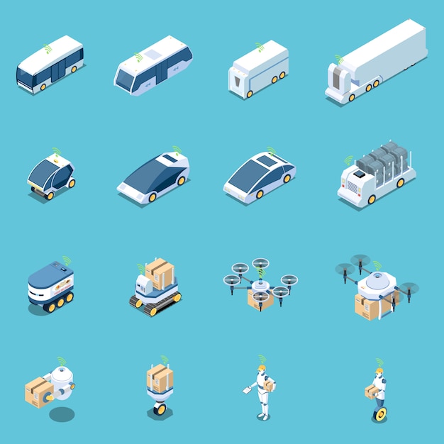 Autonomous vehicles and robots isometric set