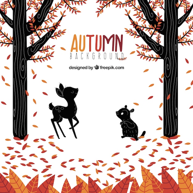 Free vector autumn backgound with forest and animals