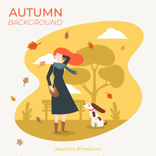 Autumn background with girl and dog