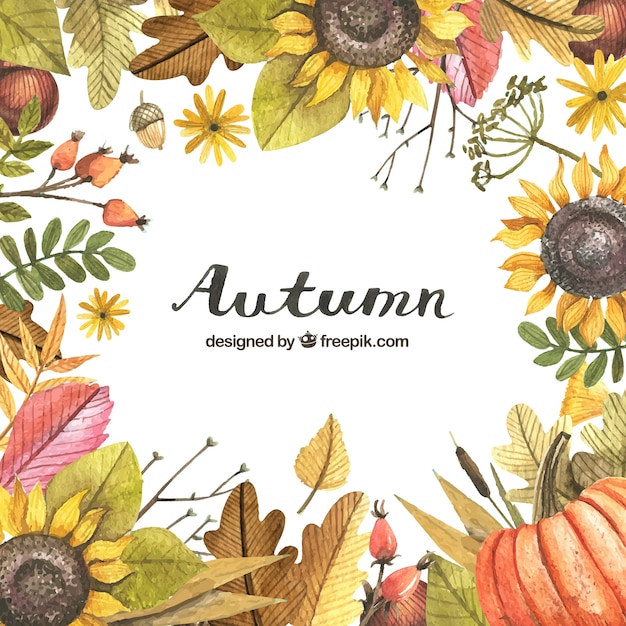 Autumn background with a painted frame with watercolors