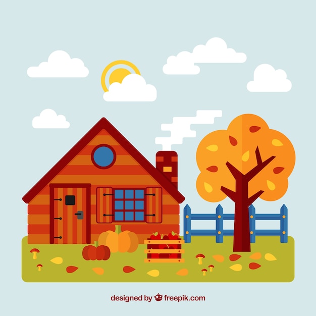 Free Vector autumn background with a red house