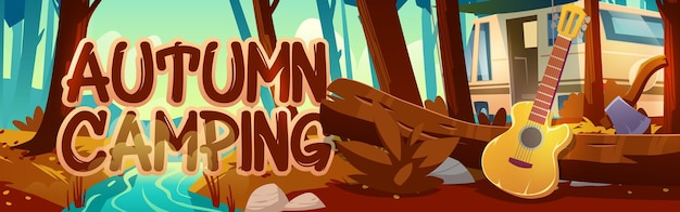 Autumn camping cartoon banner, touristic camp