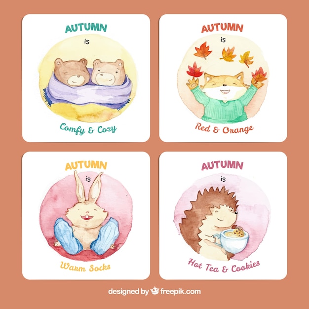 Free Vector autumn cards with lovely watercolor animals