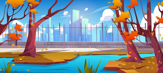 Autumn city park with pond and path near fence nature background scene Public garden in town forest with river skyscraper view and walkway to downtown Orange fall season cartoon environment