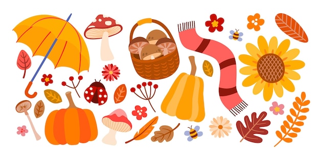 Autumn collection of decorative season elements such as umbrella, mushroom, leaf, flower, scarf, pumpkin, insect, ladybug and bee, Vector illustration isolated