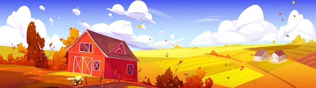 Free Vector autumn countryside landscape with farm barn field