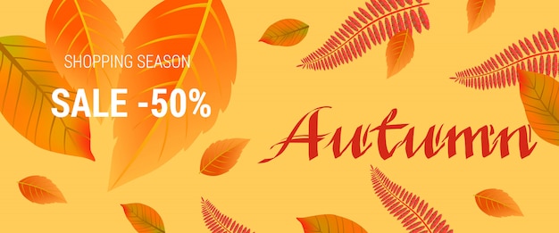 Autumn creative lettering. Shopping season sale fifty sale lettering on orange leaf background