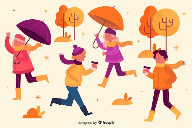 Free Vector autumn fall in park with people concept