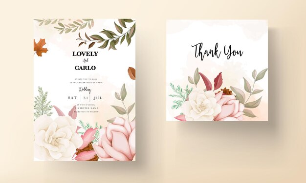 autumn floral wedding invitation card with rose and pine flower