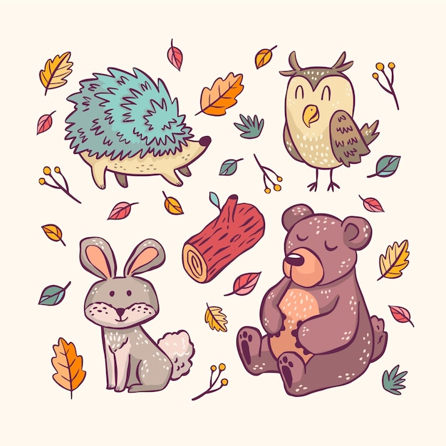 Autumn forest animals hand-drawn