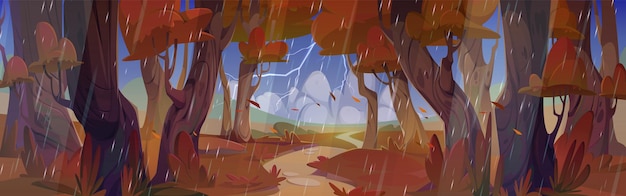 Free vector autumn forest vector landscape with rain and lightning path near tree in cartoon fall park scene thunderstorm scenery in valley horizon rainy storm season and footpath on road between maple woods