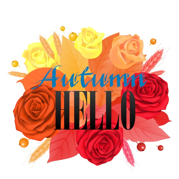 Free Vector autumn hello lettering with bright roses. greeting inscription with colorful flower heads