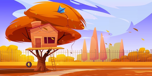 Free Vector autumn landscape of backyard with tree house