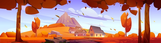 Autumn landscape with mountain village houses