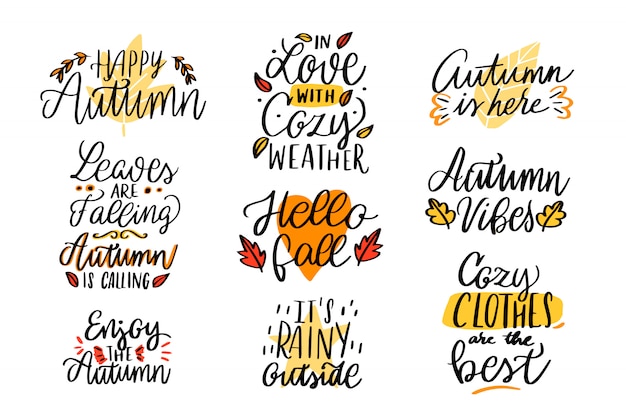 Autumn lettering collection. Happy autumn. In love with cozy weather. It's rainy outside