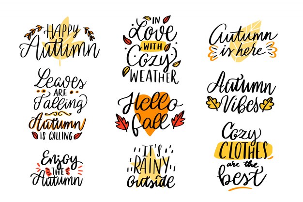 Autumn lettering collection. Happy autumn. In love with cozy weather. It's rainy outside