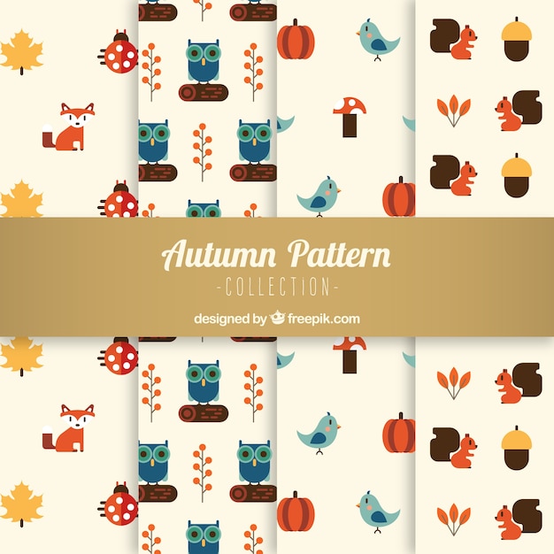 Free Vector autumn patterns with foxes, owls, mushrooms and squirrels