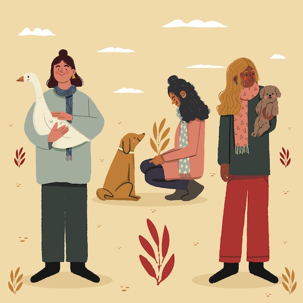 Autumn people with pets illustration