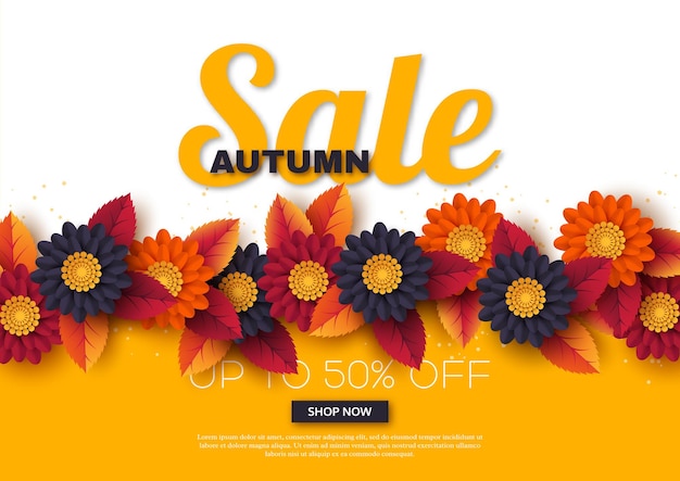 Autumn sale banner with 3d leaves and flowers. Yellow, white background - template for seasonal discounts, vector illustration.