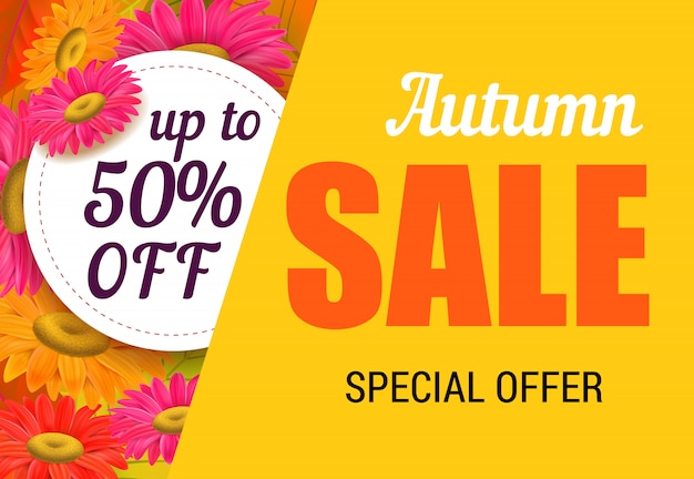 Autumn sale lettering with bright flowers. Autumn offer or sale advertising 