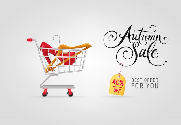 Autumn sale lettering with hanger and shoe in shopping cart