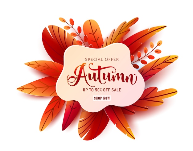 Autumn sale round banner. Fall ad circle shape with liquid form at the center and text offer sign. Red, orange abstract leaves in simple flat paper cut style.