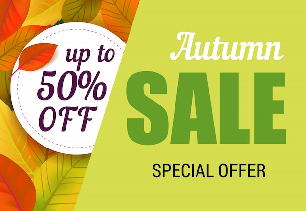 Autumn sale, up to fifty percent off lettering with leaves. Autumn offer or sale advertising