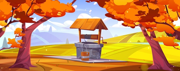 Free Vector autumn sunny landscape with water well fields