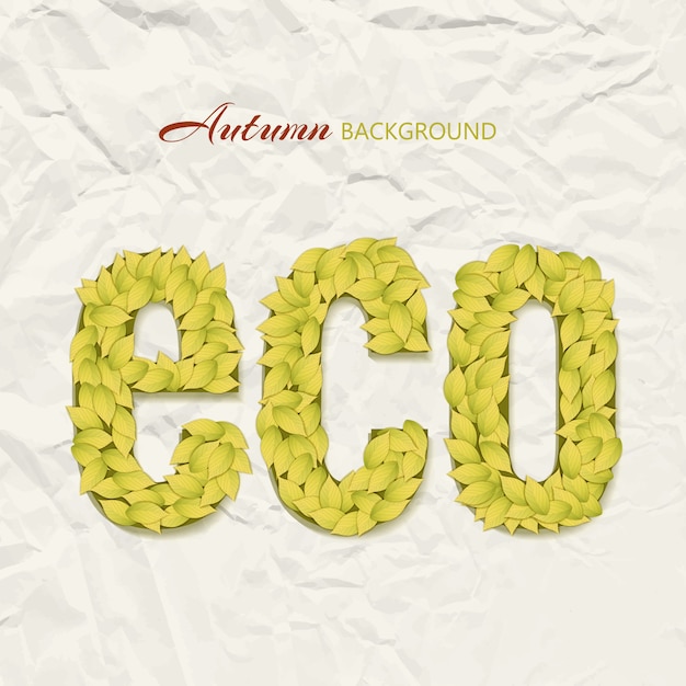 Free Vector autumn theme design on wrinkled paper with eco letters made up of yellow leaves