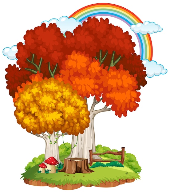 Free vector autumn tree in nature with rainbow in the sky