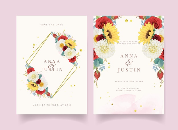 Autumn wedding invitation of watercolor sunflower dahlia and roses