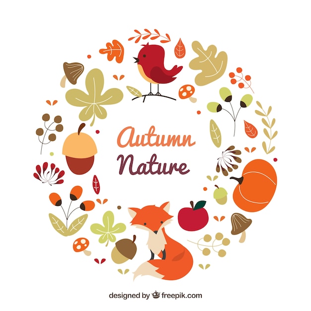 Free vector autumnal nature wreath with animals