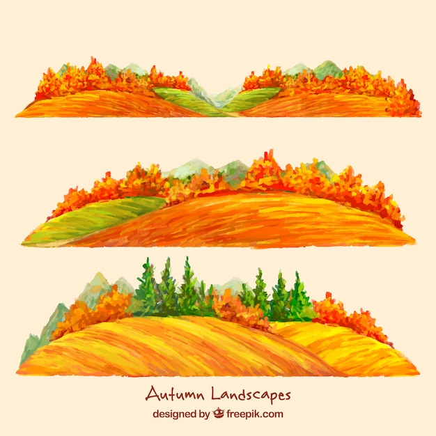 Free vector autumnal watercolor landscapes with trees