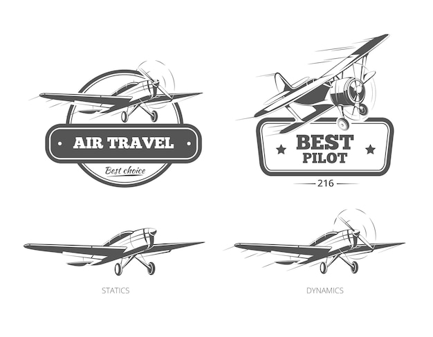 Free Vector aviation badges logos and emblems labels. aircraft and plane, pilot and travel, vector illustration