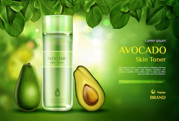 Free Vector avocado cosmetics skin toner. organic beauty product bottle on green blurred with tree leaves. 