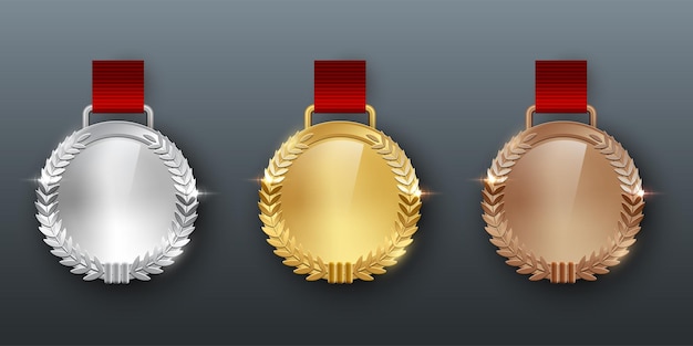 Award golden silver and bronze blank medals with ribbon realistic illustration First second and third place medals with laurel leaves quality blank empty badge emblem with red ribbons