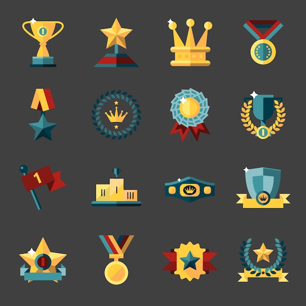 Award icons set of trophy medal winner prize champion cup isolated vector illustration