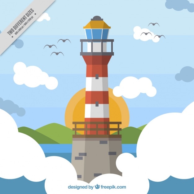 Awesome nautical background with lighthouse and birds