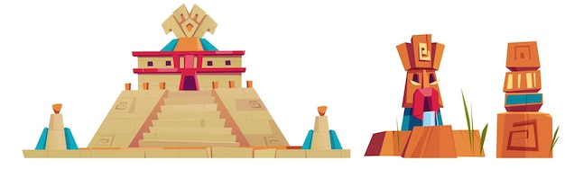 Free Vector aztec pyramids and statues mayan city monumental landmarks isolated on white background stone temple of kukulkan or el castillo pyramid in chichen itza machu picchu cartoon vector illustration set