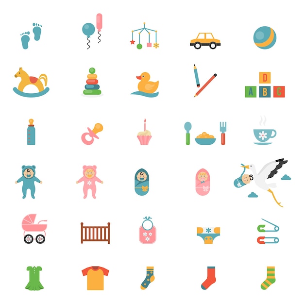 Babies toys icons on a theme of infants and their accessories.