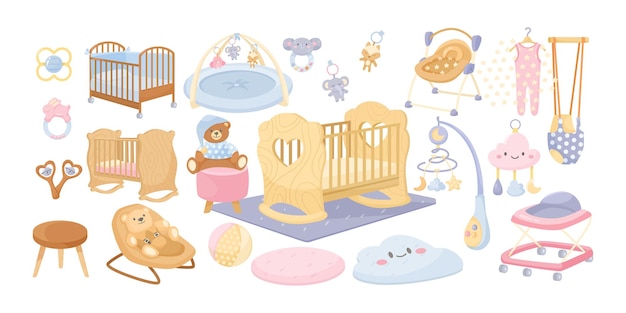 Free Vector baby bedroom interior elements vector illustrations set