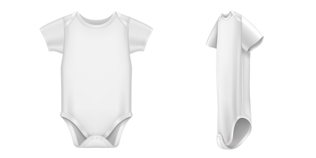 Free Vector baby bodysuit, white infant romper with short sleeves front and side view. vector realistic  of blank cotton clothes for kids, newborn body suit isolated