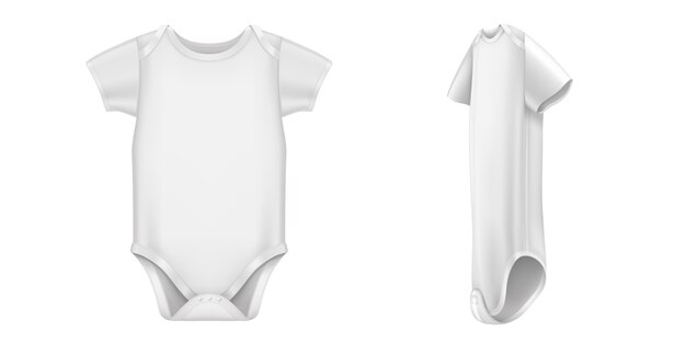 Baby bodysuit, white infant romper with short sleeves front and side view. Vector realistic  of blank cotton clothes for kids, newborn body suit isolated