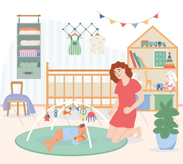 Free Vector baby development flat composition with happy mother watching her crawling little child vector illustration