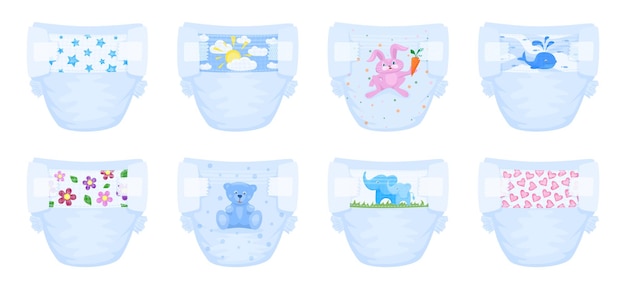 Free Vector baby diaper flat design set with isolated images of panties with various childish artworks on pilch vector illustration