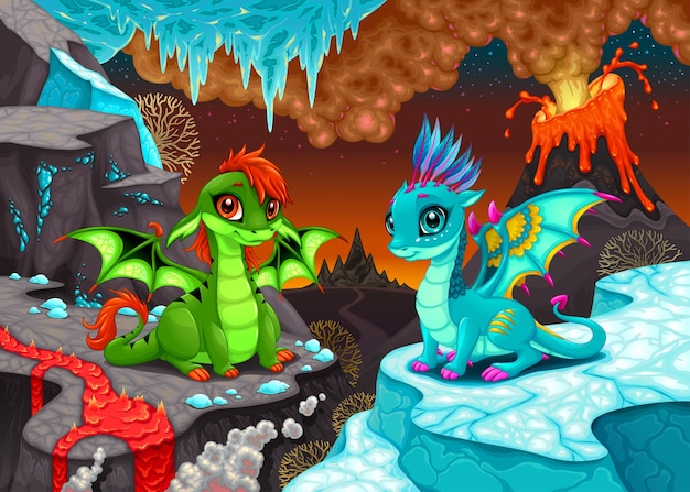 Free Vector baby dragons in a fantasy landscape with fire and ice