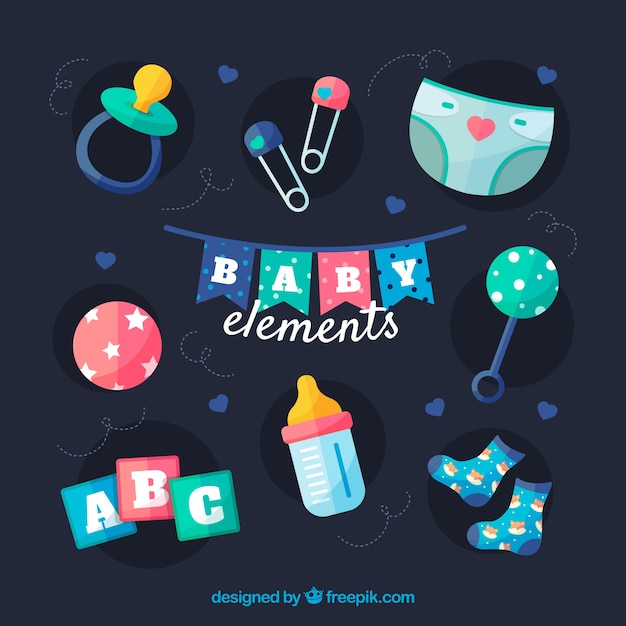 Baby elements background with cute toys and clothes