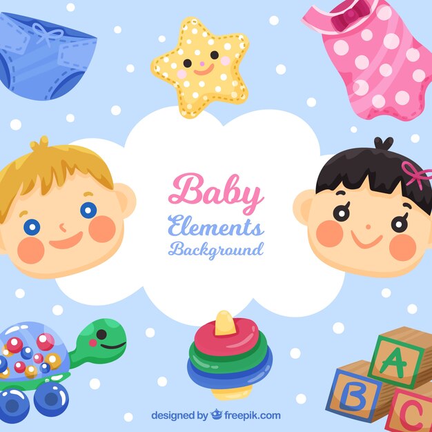 Baby elements background with cute toys and clothes