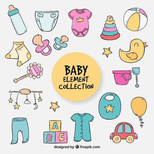 Baby elements collection in hand drawn style