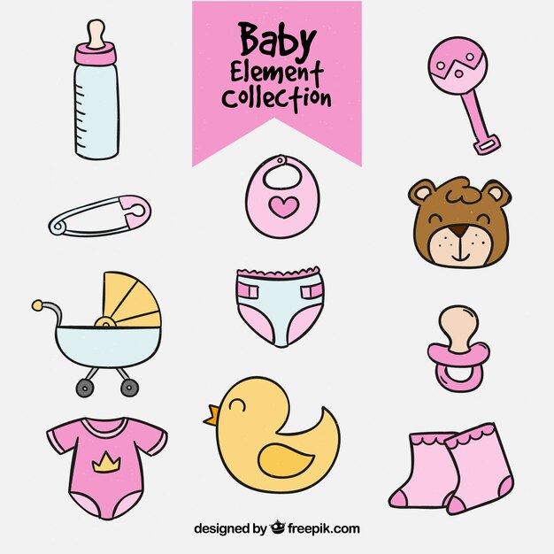 Baby elements collection in hand drawn style